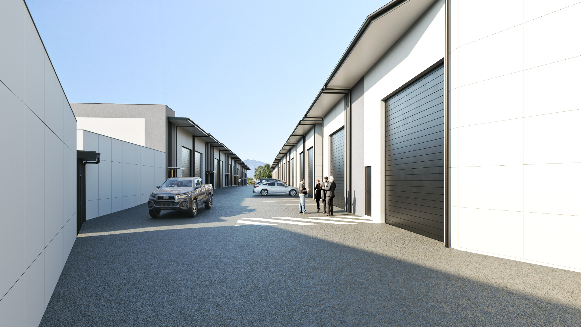 Photorealistic 3D render of commercial warehouse development streetscape