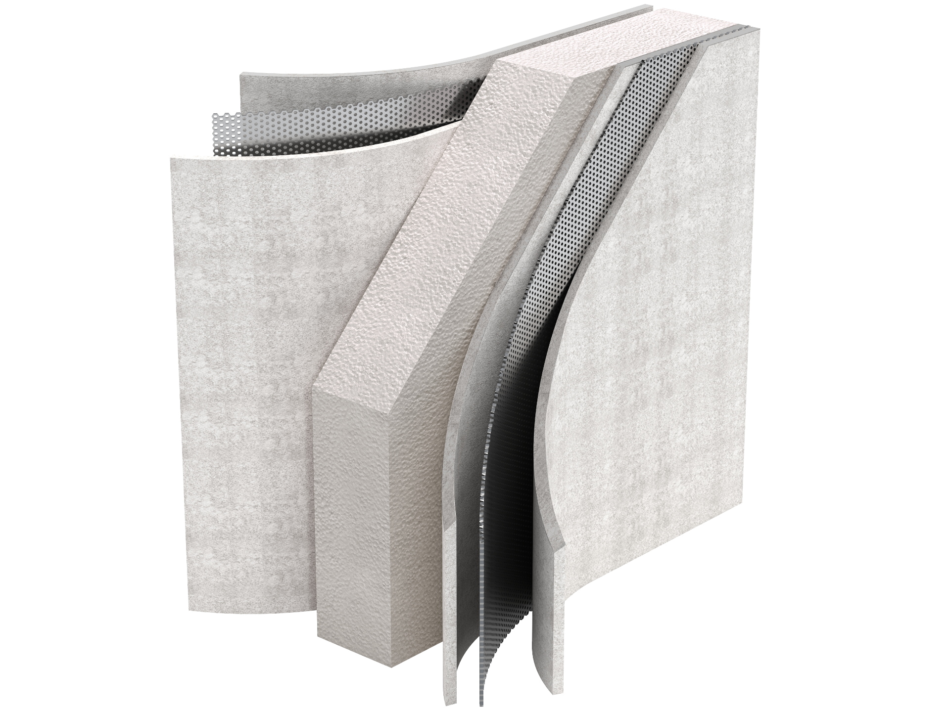 Photorealistic 3D cutaway render of facade wall layers and fixings