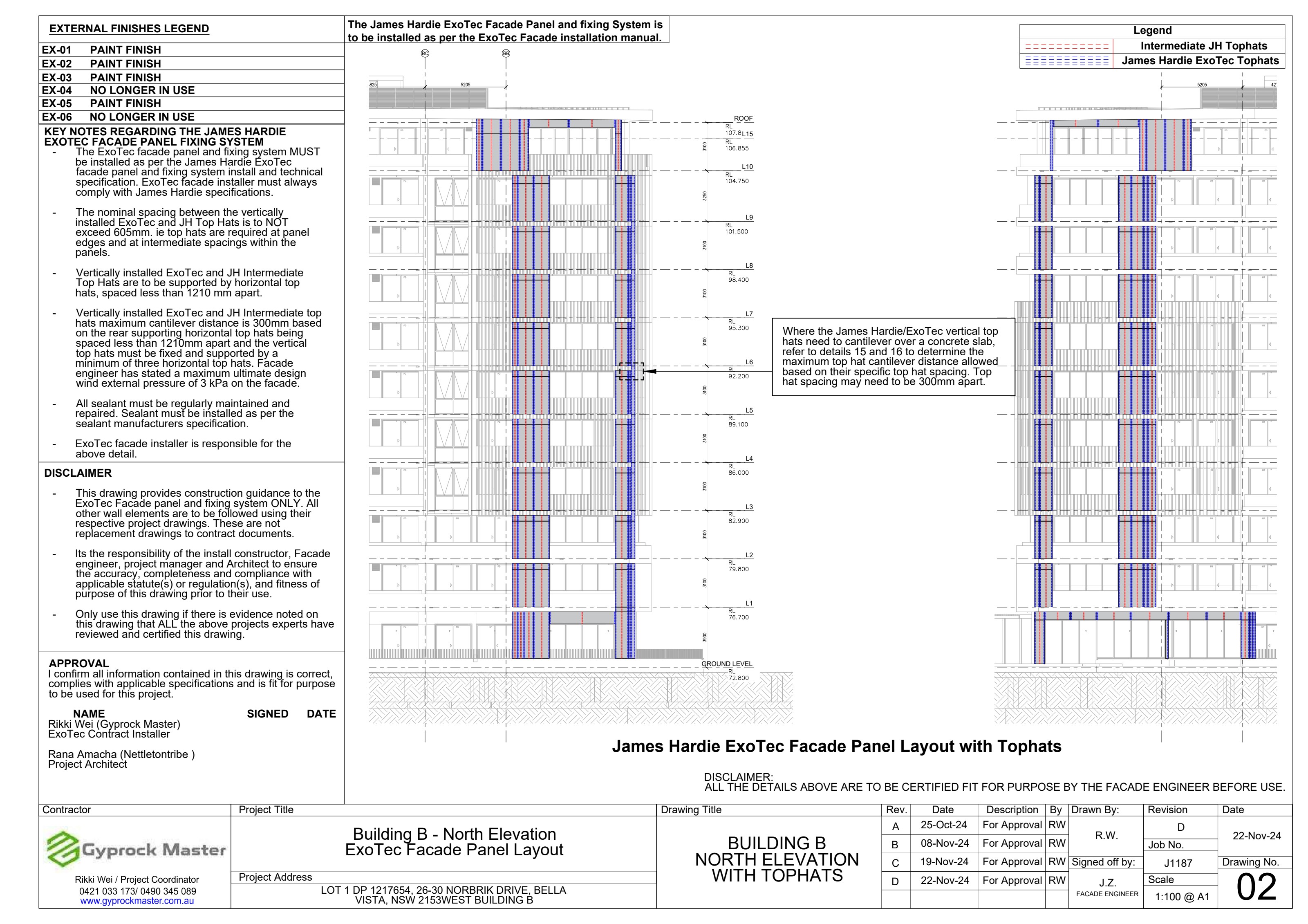 ExoTec Facade Panel layout workshop drawing with top hat overlay