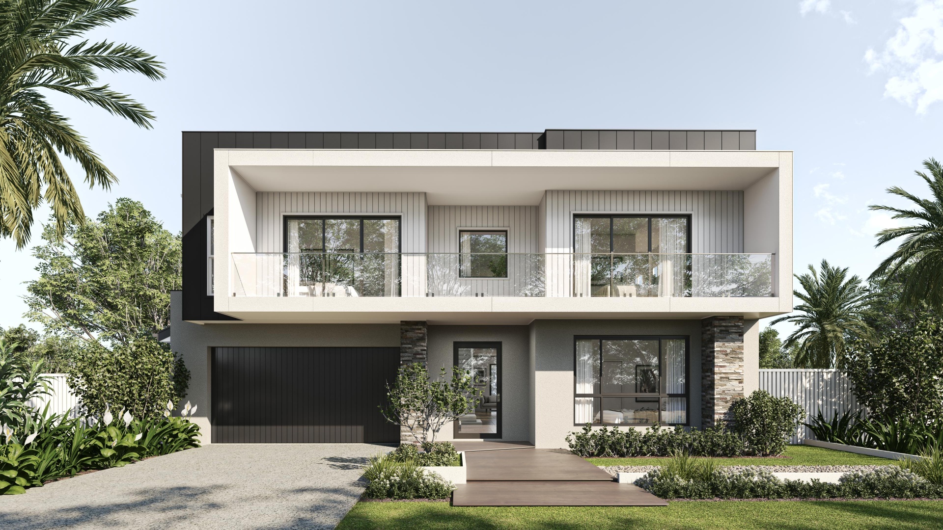 Photorealistic 3D exterior render of contemporary two-storey home with cantilevered upper level and stone feature columns