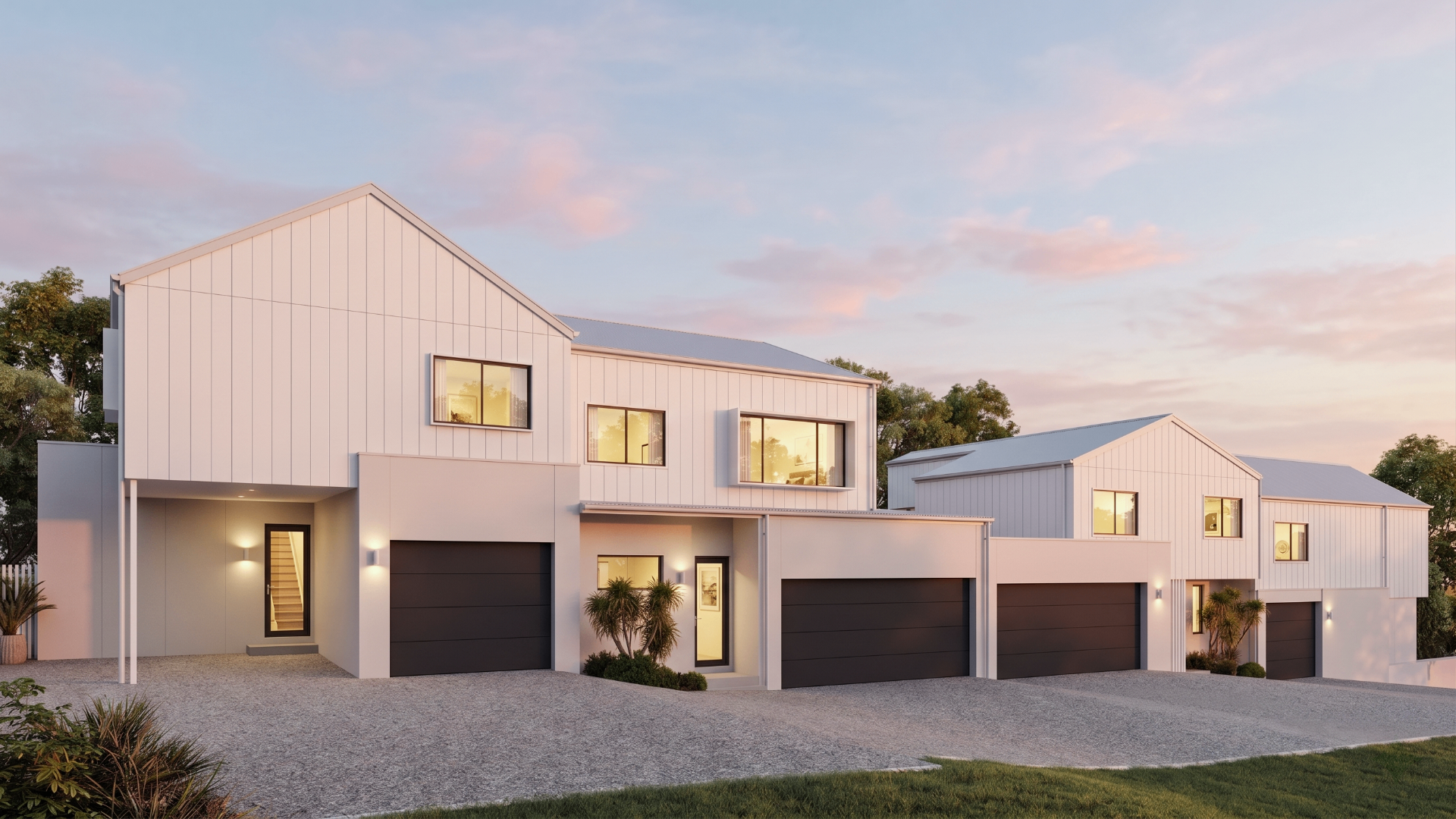 Golden hour 3D render of modern townhouse development with warm lighting