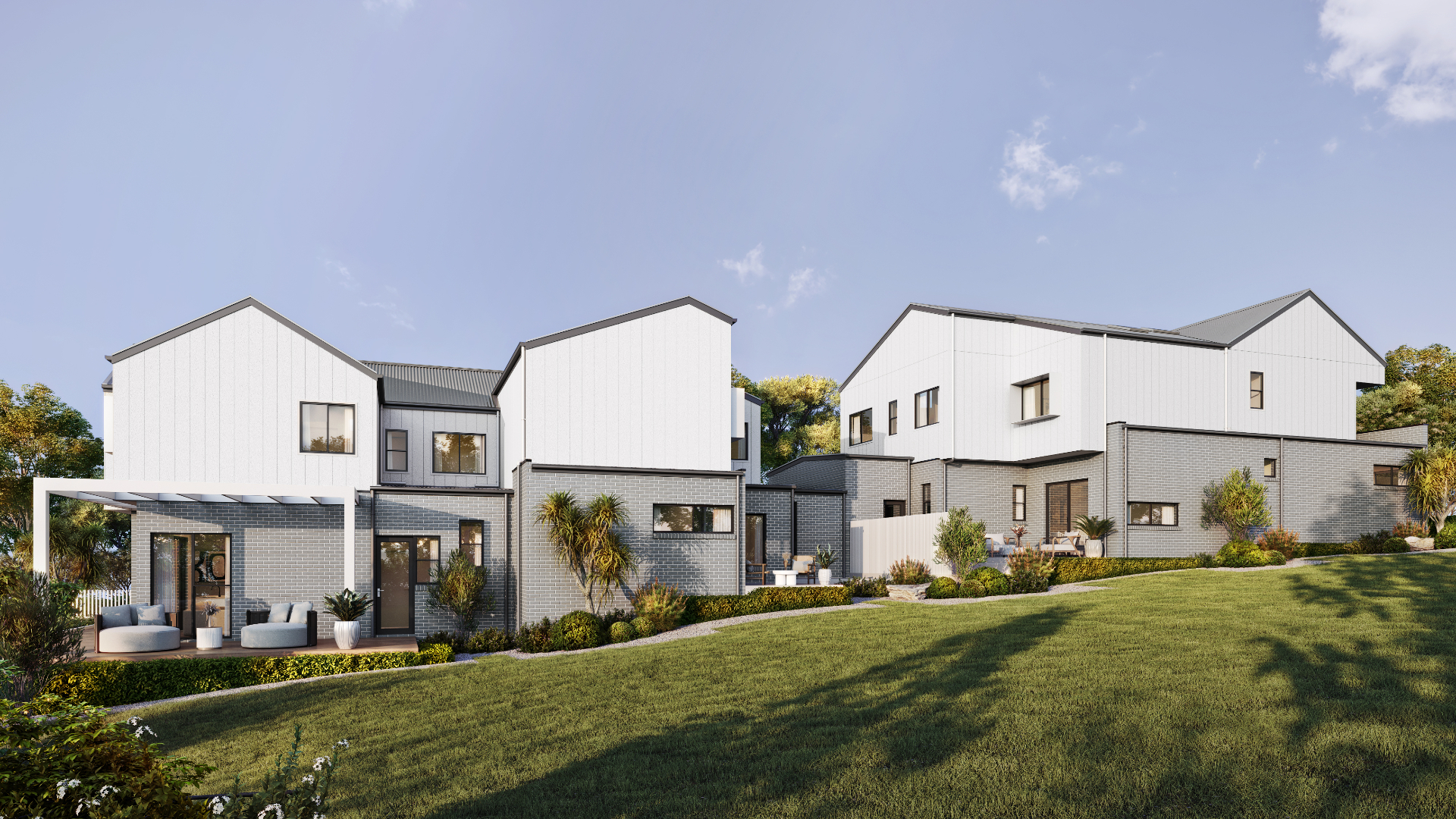 Photorealistic 3D render of contemporary duplex development