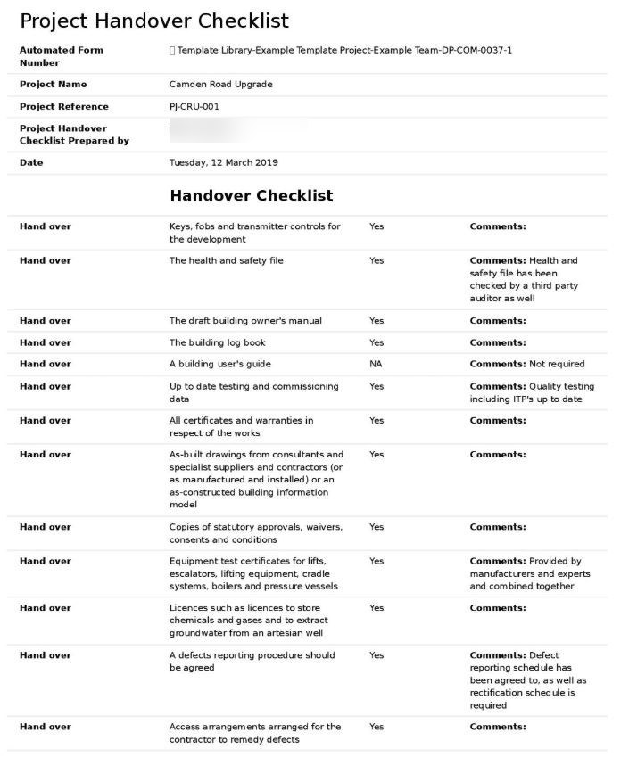 Project Handover Checklist example document