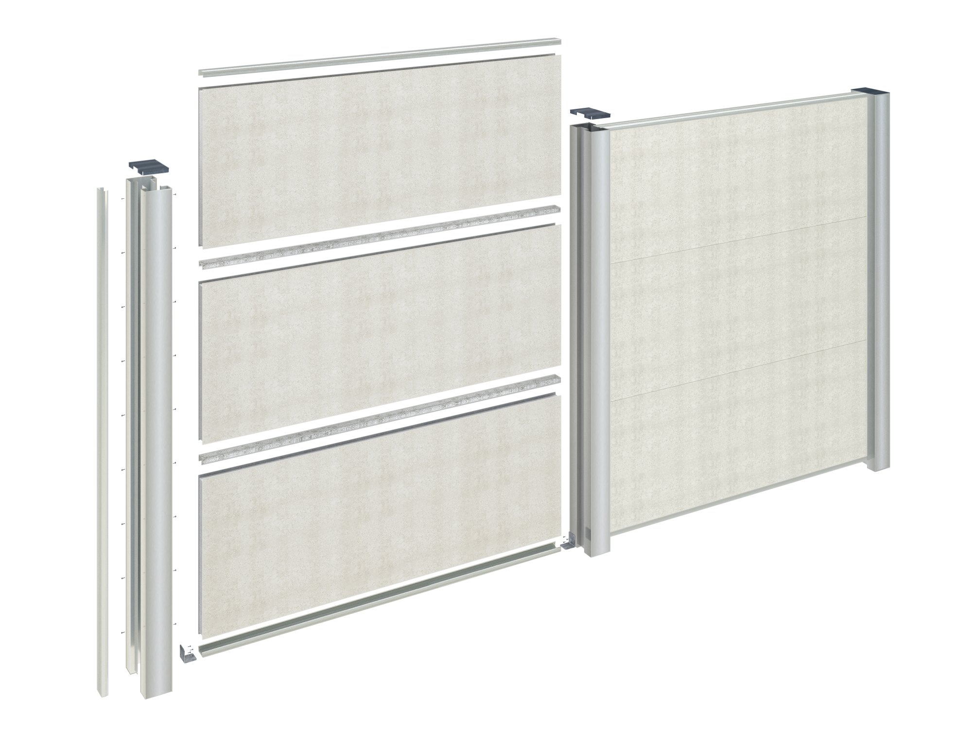Photorealistic 3D exploded render of modular barrier wall system