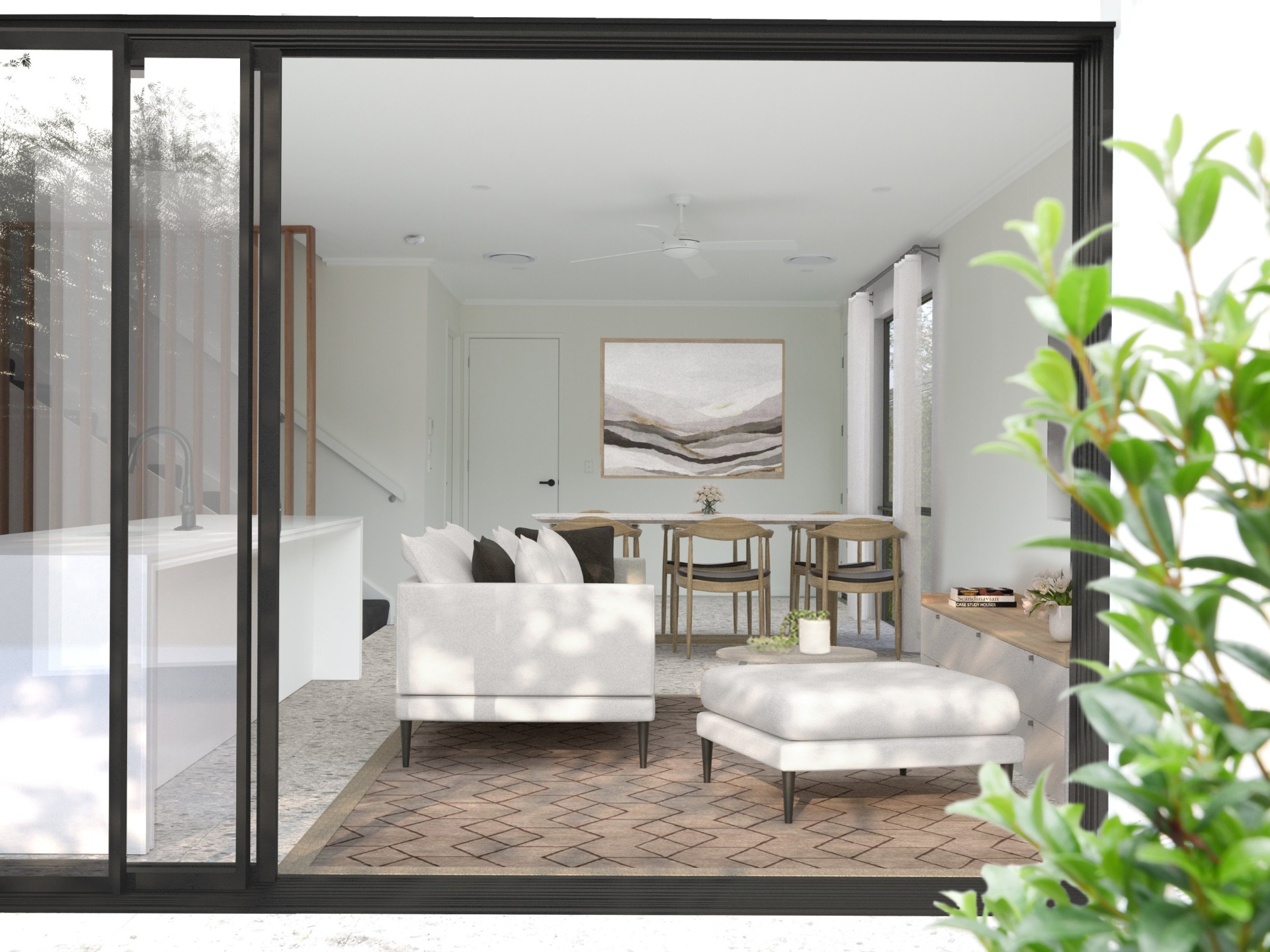 After 3D photomontage render of styled living and dining area