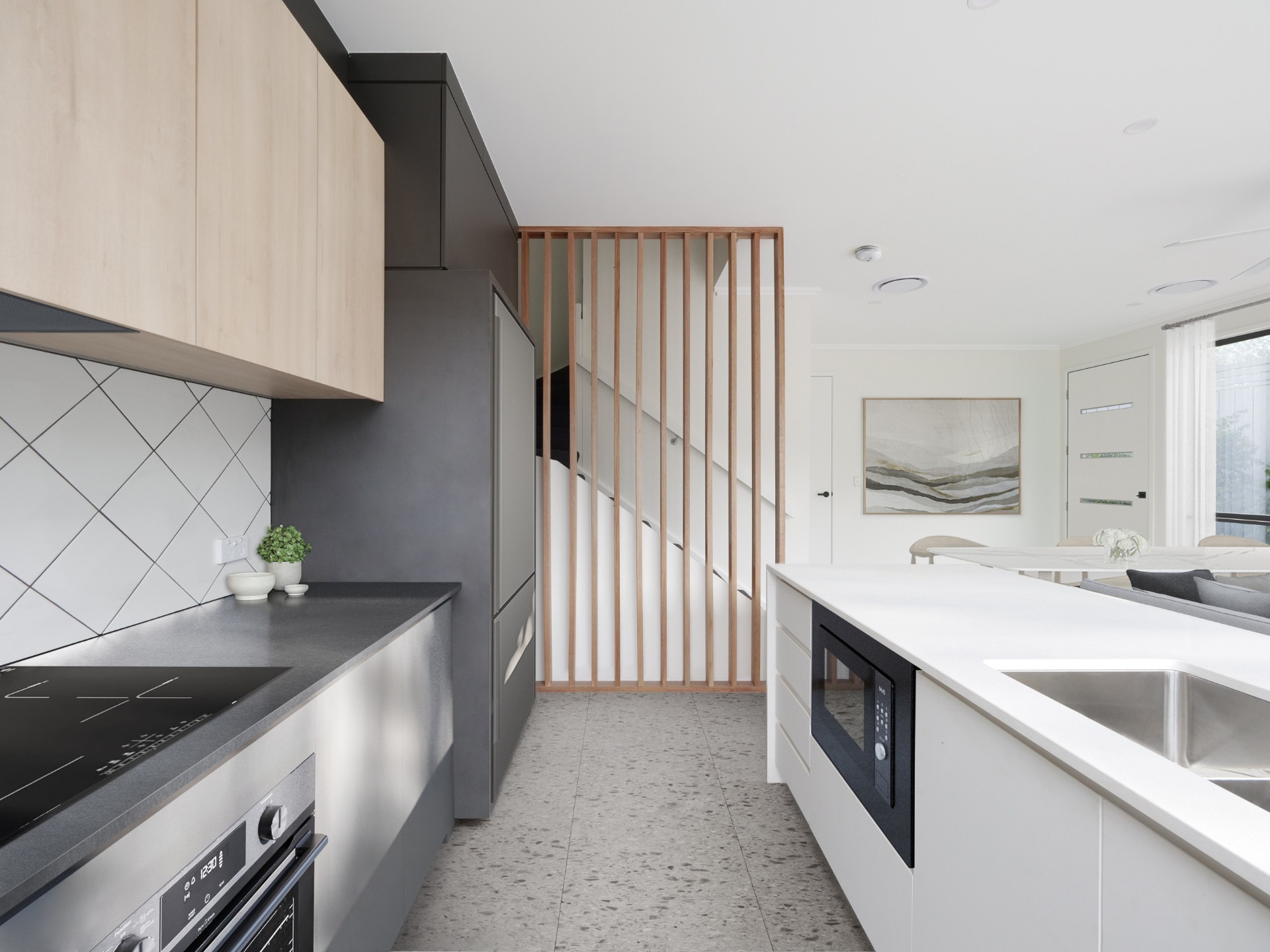 After 3D photomontage render of styled kitchen with appliances