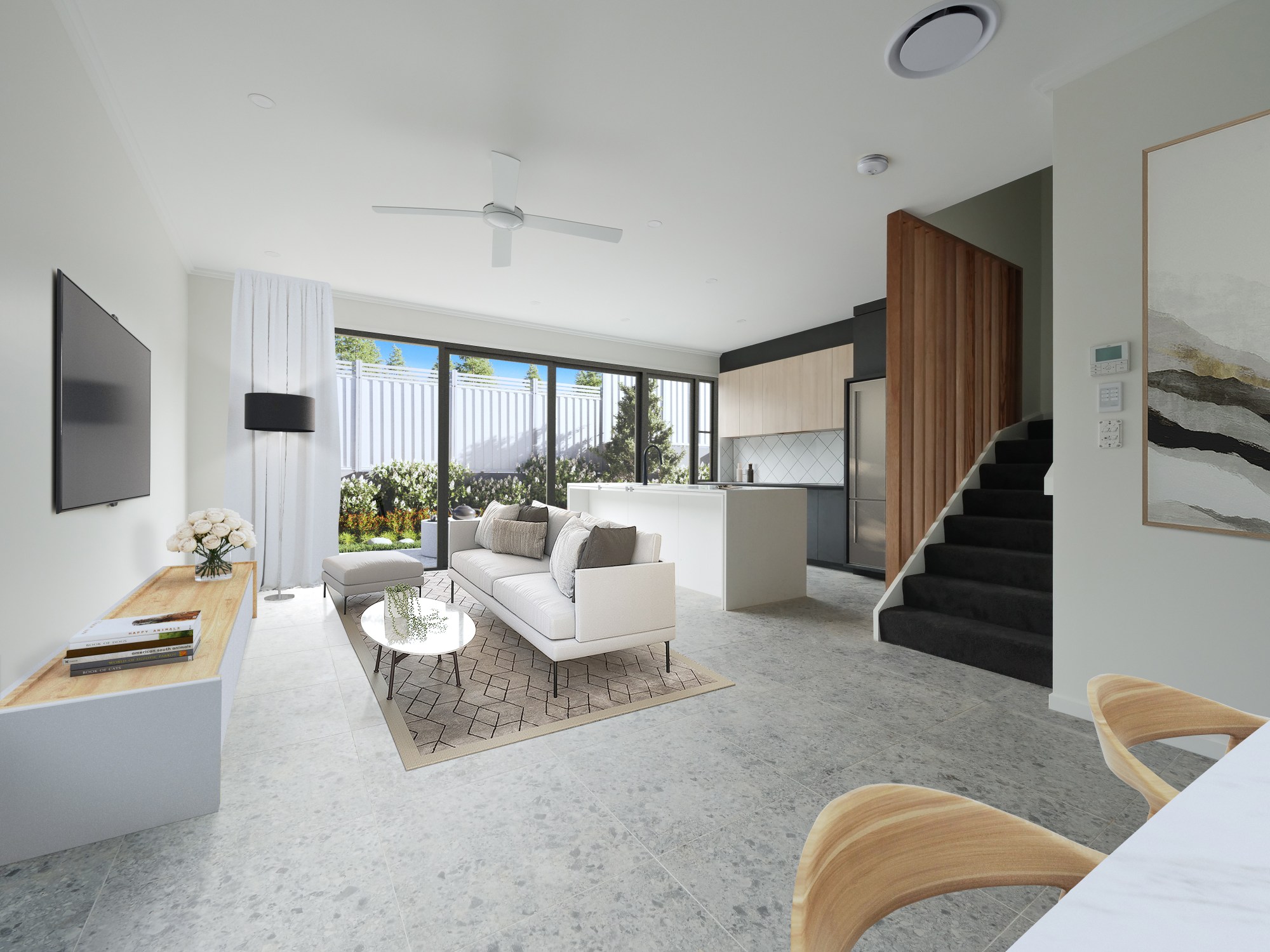 After 3D photomontage render of fully styled living, kitchen and dining